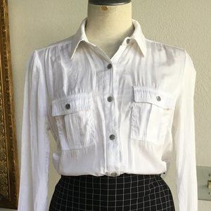 UMBRANDED Women's Blouse Shirt Button Down Long Sleeve Pockets Faux Silk White M